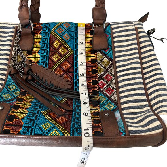 MMS Aztec & Stripe Print Satchel Tote w/Fringes Purse Handbag Removable Strap - Picture 14 of 16